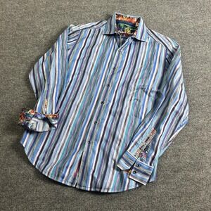 Robert Graham Shirt Mens Medium Blue Stripe 100% Cotton Flip Cuff Long Sleeve